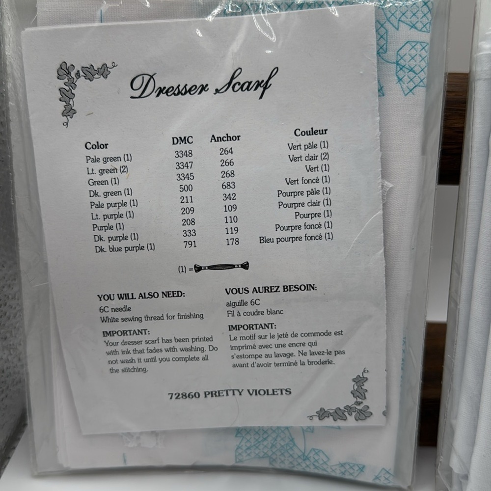 Dimensions Stamped Cross Stitch Dresser Scarf and Pillowcase Set Pretty Violets - Picture 5 of 5